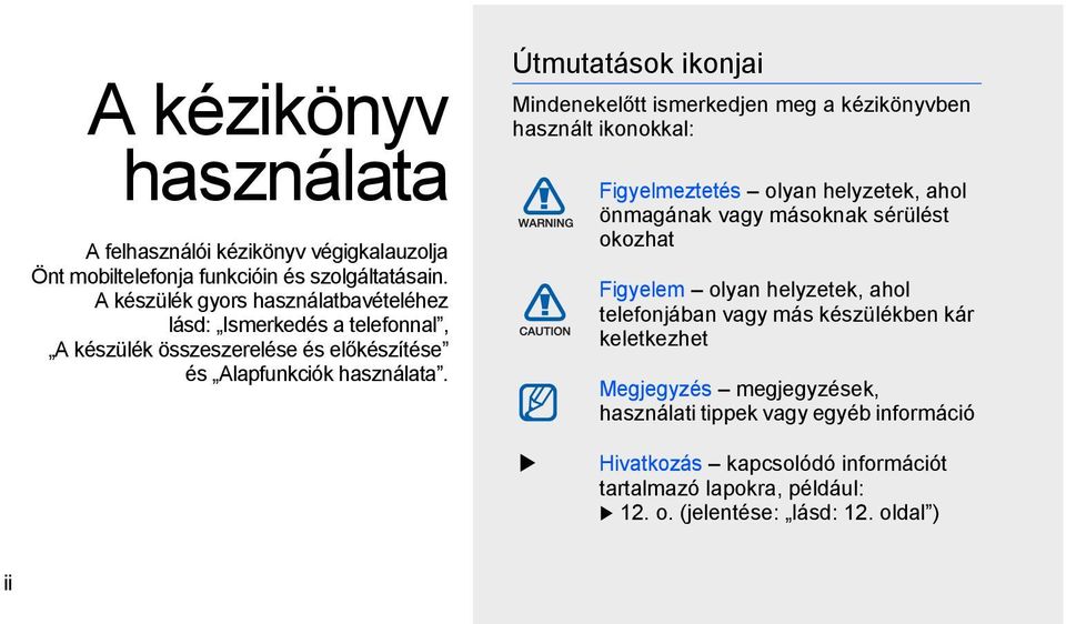 Útmutatások ikonjai Mindenekelőtt ismerkedjen meg a kézikönyvben használt ikonokkal: Figyelmeztetés olyan helyzetek, ahol önmagának vagy másoknak sérülést okozhat