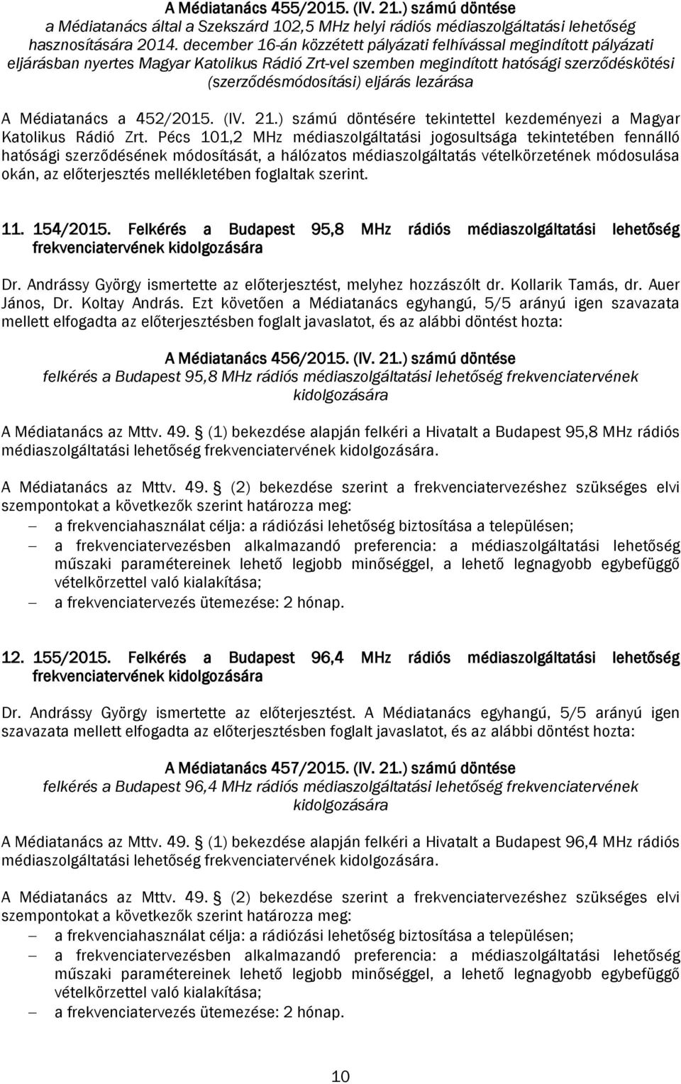 lezárása A Médiatanács a 452/2015. (IV. 21.) számú döntésére tekintettel kezdeményezi a Magyar Katolikus Rádió Zrt.