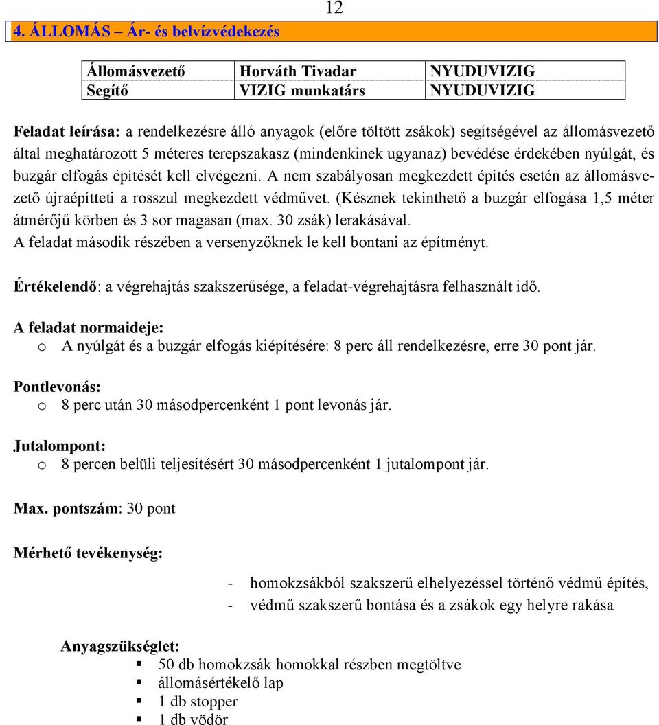 A nem szabályosan megkezdett építés esetén az állomásvezető újraépítteti a rosszul megkezdett védművet. (Késznek tekinthető a buzgár elfogása 1,5 méter átmérőjű körben és 3 sor magasan (max.