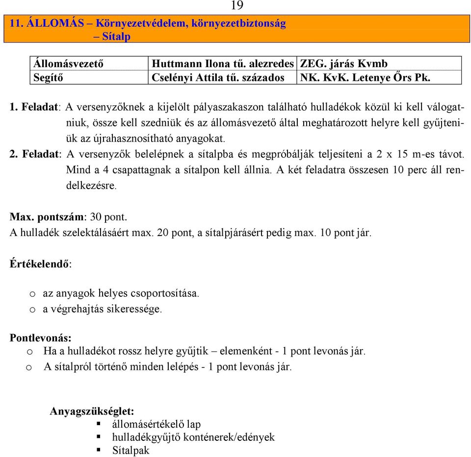 anyagokat. 2. Feladat: A versenyzők belelépnek a sítalpba és megpróbálják teljesíteni a 2 x 15 m-es távot. Mind a 4 csapattagnak a sítalpon kell állnia.