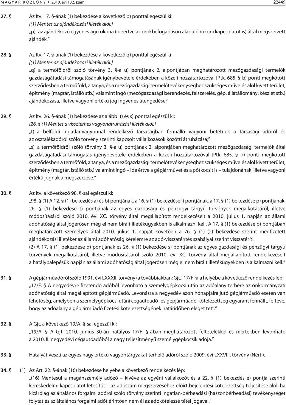 megszerzett ajándék. 28. Az Itv. 17. -ának (1) bekezdése a következõ q) ponttal egészül ki [(1) Mentes az ajándékozási illeték alól:] q) a termõföldrõl szóló törvény 3. -a u) pontjának 2.