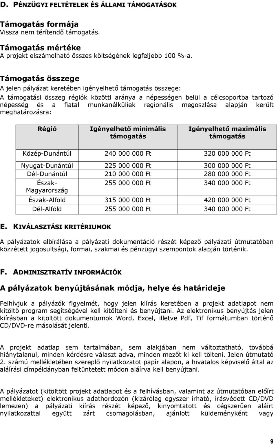 regionális megoszlása alapján került meghatározásra: Régió Igényelhető minimális támogatás Igényelhető maximális támogatás Közép-Dunántúl 240 000 000 Ft 320 000 000 Ft Nyugat-Dunántúl 225 000 000 Ft