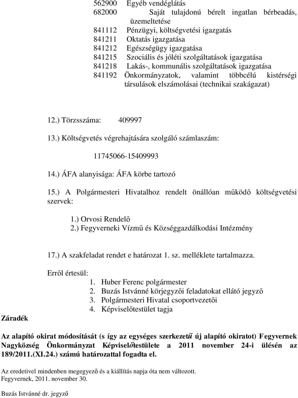 ) Törzsszáma: 409997 13.) Költségvetés végrehajtására szolgáló számlaszám: 11745066-15409993 14.) ÁFA alanyisága: ÁFA körbe tartozó 15.