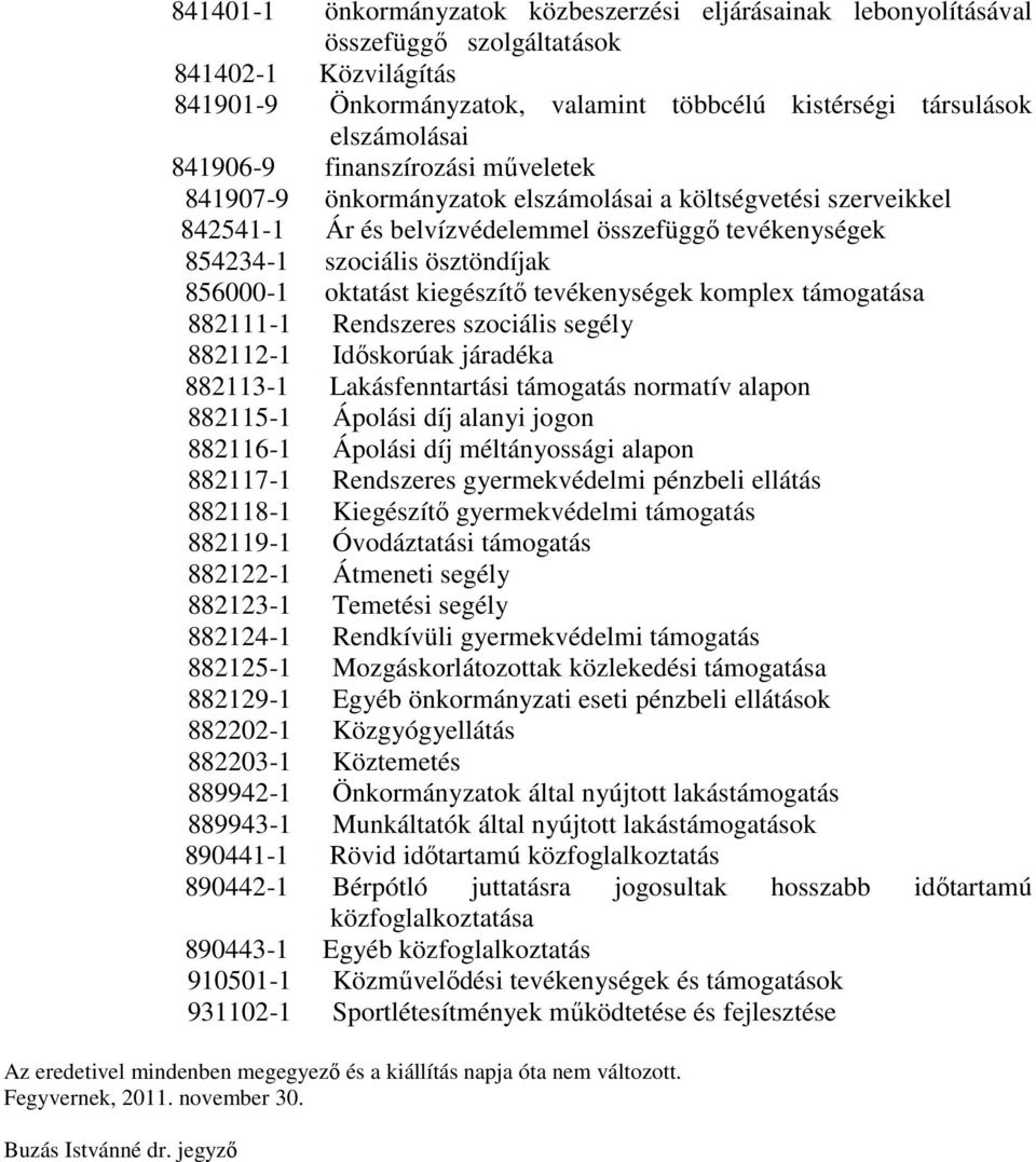 oktatást kiegészítő tevékenységek komplex támogatása 882111-1 Rendszeres szociális segély 882112-1 Időskorúak járadéka 882113-1 Lakásfenntartási támogatás normatív alapon 882115-1 Ápolási díj alanyi