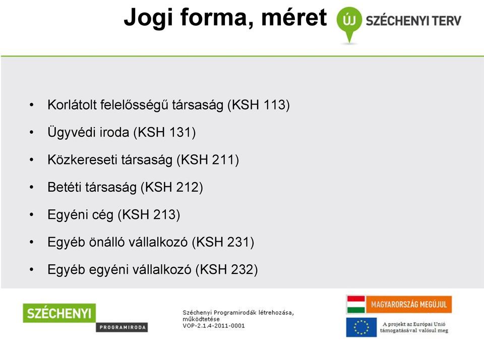 211) Betéti társaság (KSH 212) Egyéni cég (KSH 213)