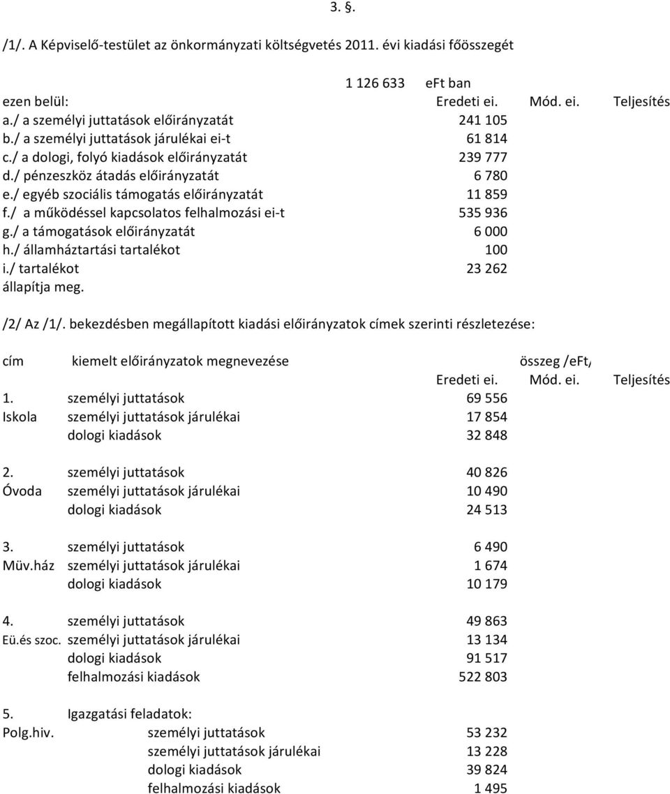 / a működéssel kapcsolatos felhalmozási ei-t g./ a támogatások előirányzatát 11859 535936 6000 h./ államháztartási tartalékot 100 i./ tartalékot 23262 állapítja meg. /2/ Az /1/.