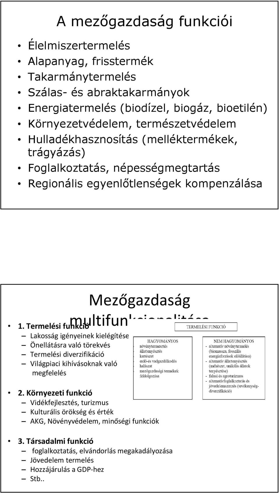 Termelési funkció multifunkcionalitása Lakosság igényeinek kielégítése Önellátásra való törekvés Termelési diverzifikáció Világpiaci kihívásoknak való megfelelés 2.