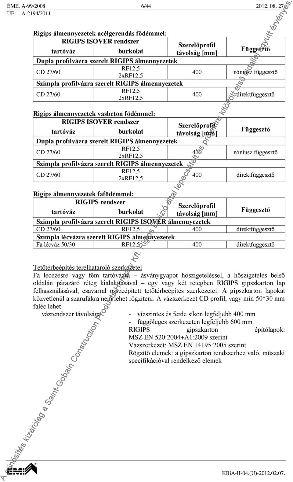 függesztő 2xRF12,5 Szimpla profilvázra szerelt RIGIPS álmennyezetek RF12,5 CD 27/60 400 direktfüggesztő 2xRF12,5 Rigips álmennyezetek vasbeton födémmel: RIGIPS ISOVER rendszer Szerelőprofil tartóváz