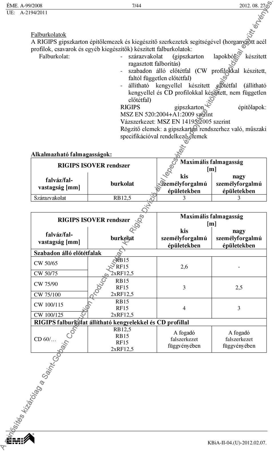 (gipszkarton lapokból készített ragasztott falborítás) - szabadon álló előtétfal (CW profilokkal készített, faltól független előtétfal) - állítható kengyellel készített előtétfal (állítható