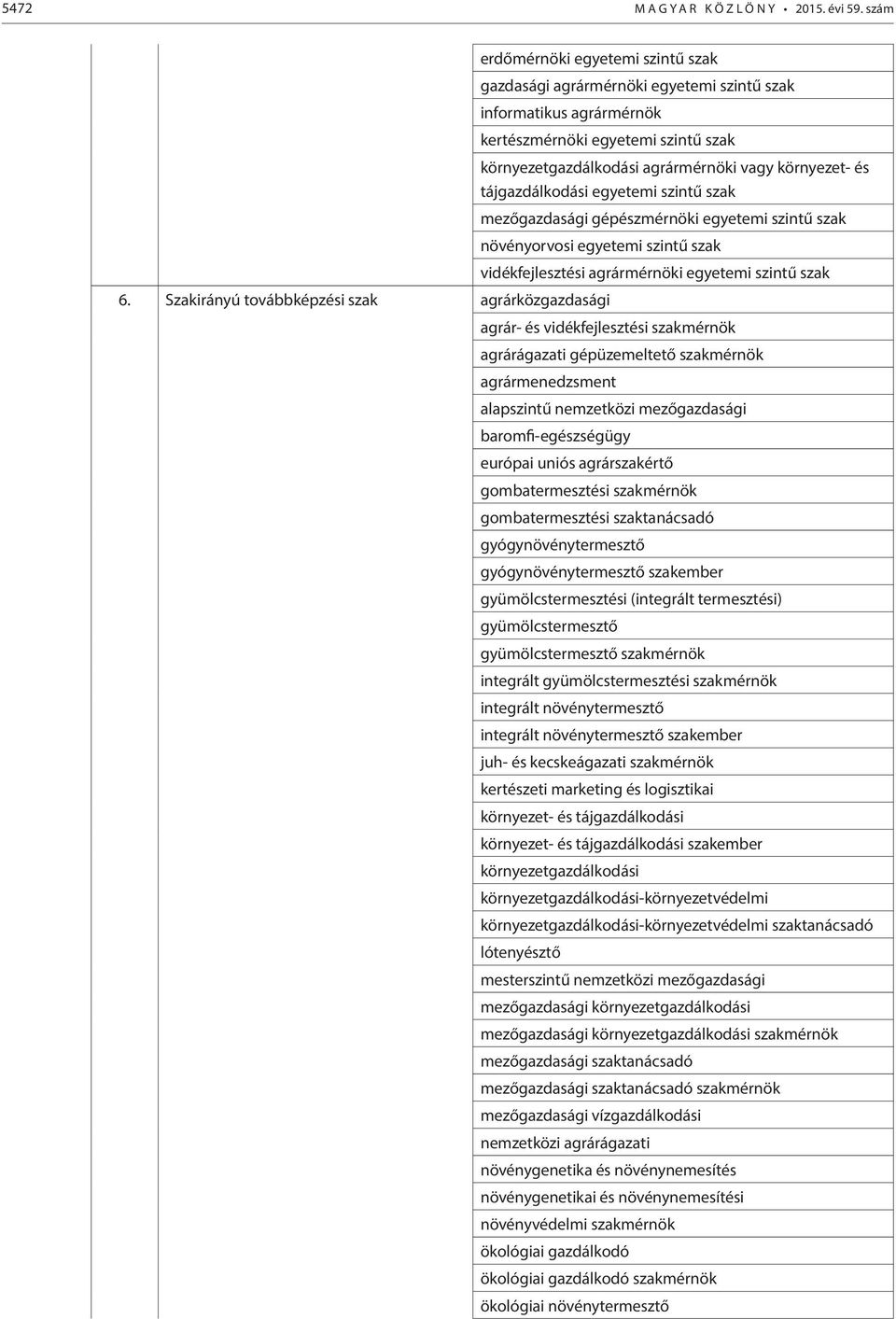 tájgazdálkodási egyetemi szintű szak mezőgazdasági gépészmérnöki egyetemi szintű szak növényorvosi egyetemi szintű szak 6.