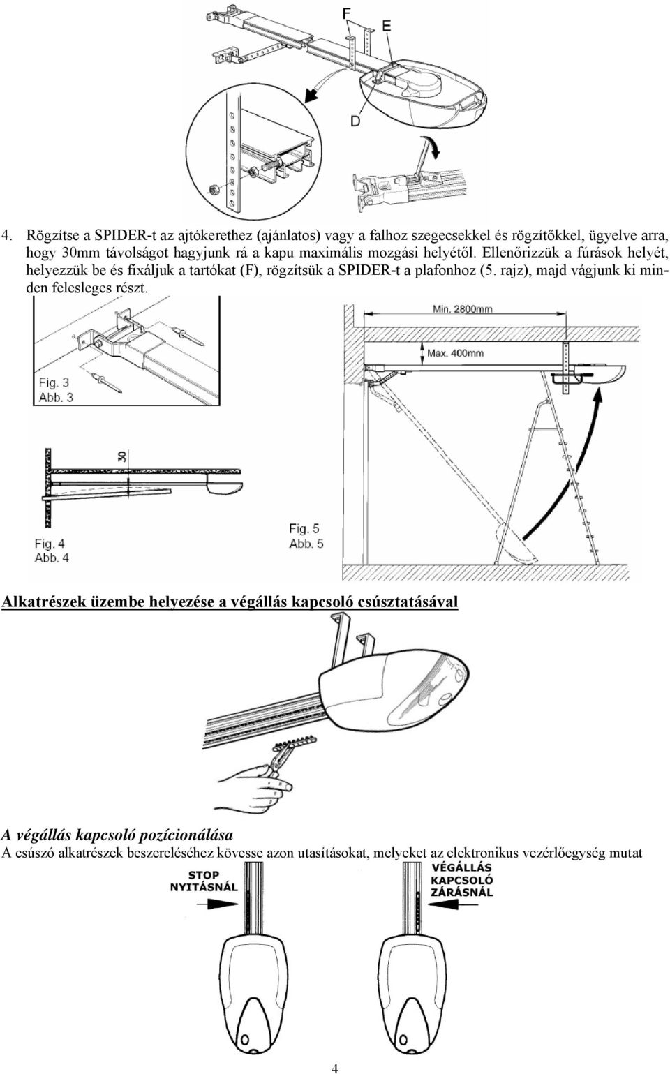 Ellenőrizzük a fúrások helyét, helyezzük be és fixáljuk a tartókat (F), rögzítsük a SPIDER-t a plafonhoz (5.