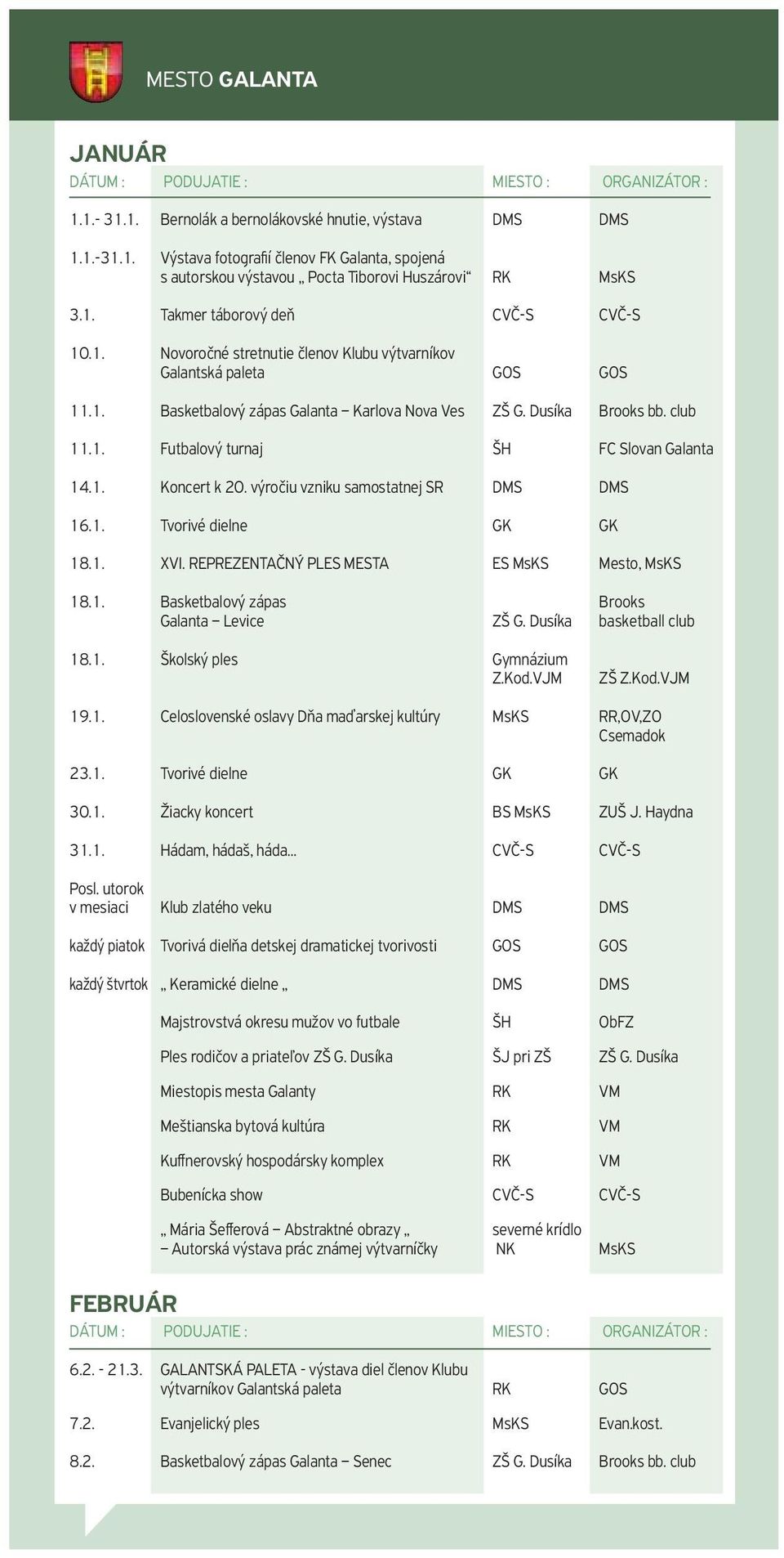 1. Koncert k 20. výročiu vzniku samostatnej SR DMS DMS 16.1. Tvorivé dielne GK GK 18.1. XVI. REPREZENTAČNÝ PLES MESTA ES MsKS Mesto, MsKS 18.1. Basketbalový zápas Brooks Galanta Levice ZŠ G.