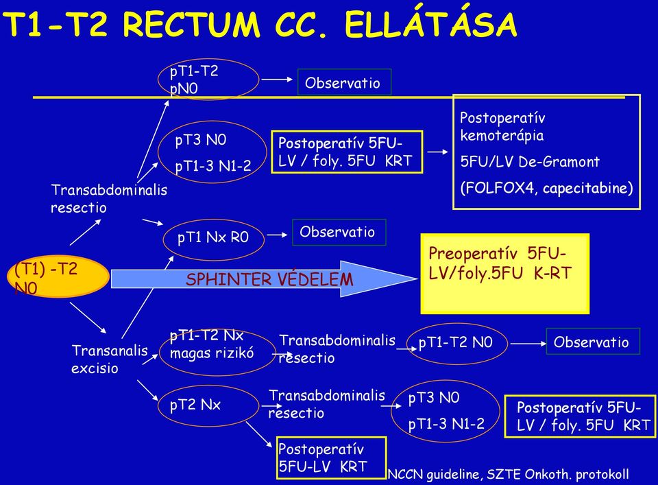 5FU KRT Observatio SPHINTER VÉDELEM Postoperatív kemoterápia 5FU/LV De-Gramont (FOLFOX4, capecitabine) Preoperatív 5FU- LV/foly.