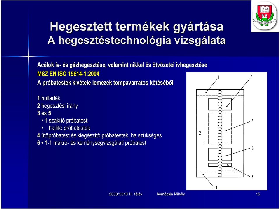 hegesztési irány 3 és 5 1 szakító próbatest; hajlító próbatestek 4