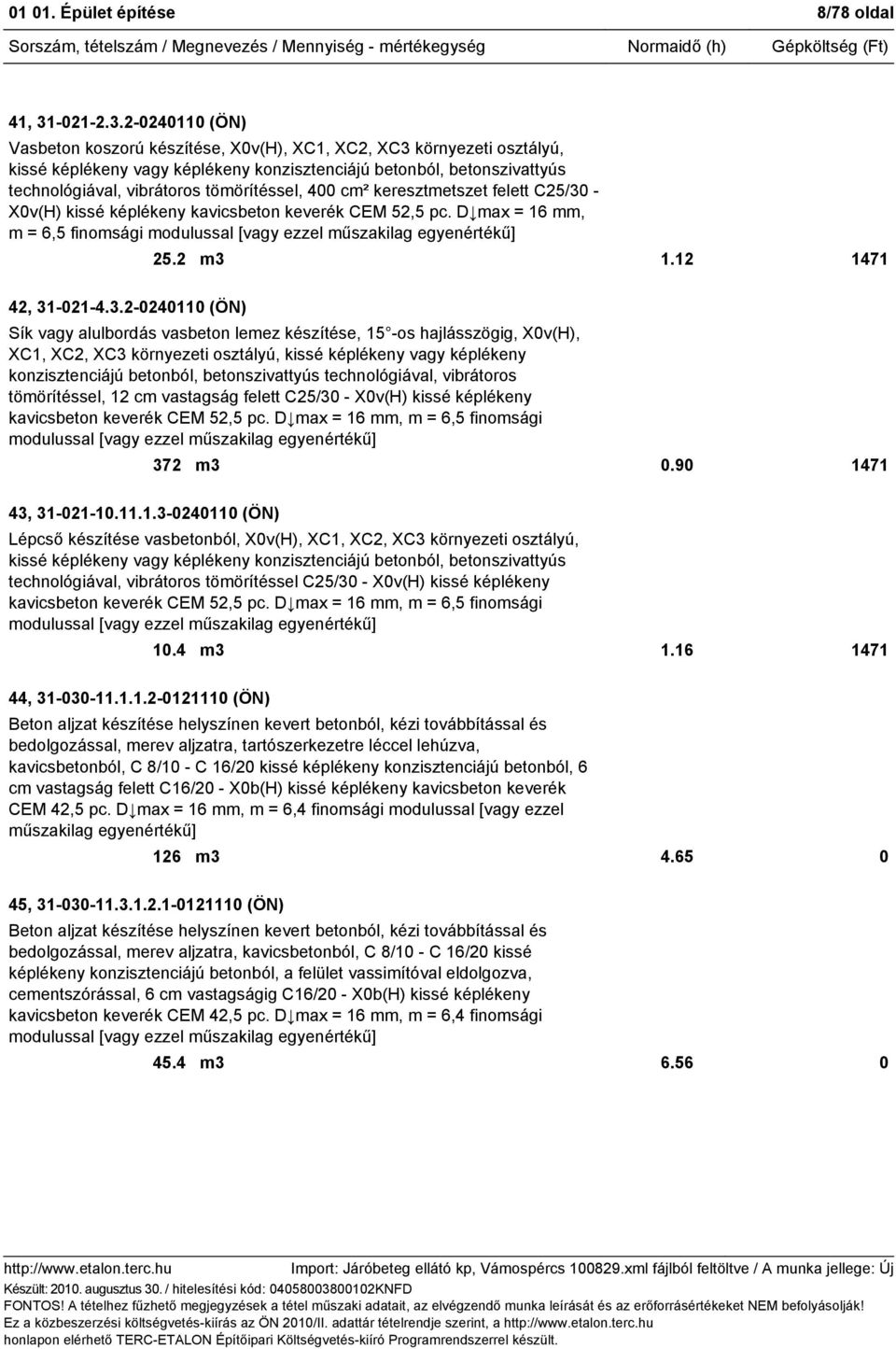 2-0240110 (ÖN) Vasbeton koszorú készítése, X0v(H), XC1, XC2, XC3 környezeti osztályú, kissé képlékeny vagy képlékeny konzisztenciájú betonból, betonszivattyús technológiával, vibrátoros tömörítéssel,