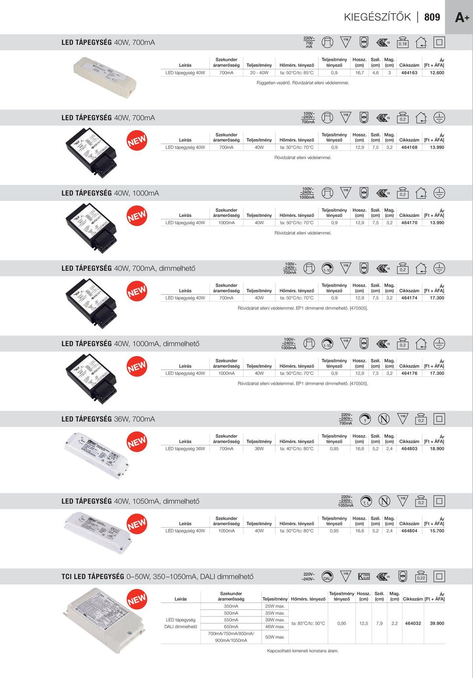 TÁPEGYSÉG 40W, 1000 100V~ 240V~ 1000 0,2 tápegység 40W 1000 40W ta: 50 C/tc: 70 C 0,9 12,9 7,5 3,2 464170 13.990 Rövidzárlat elleni védelemmel.