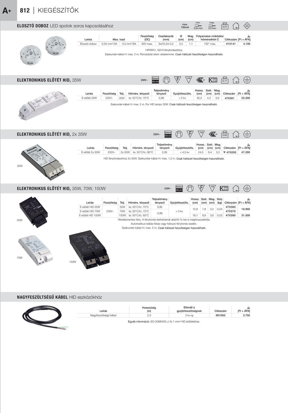 Szekunder kábel-h: max. 2 m. Rövidzárlat elleni védelemmel. Csak hálózati feszültségen használható. ELEKTRONIKUS ELŐTÉT HID, 35W Ballast EEI=A2 0,11 Teljesítmény Hossz. Szél. Mag.