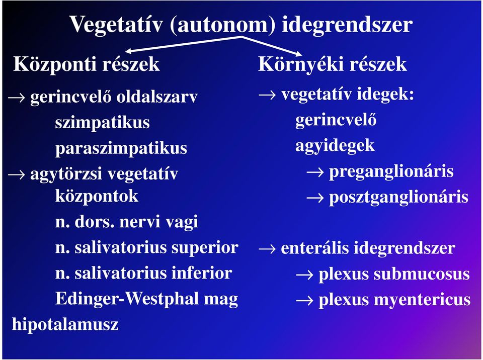 salivatorius inferior Edinger-Westphal mag hipotalamusz Környéki részek vegetatív idegek: