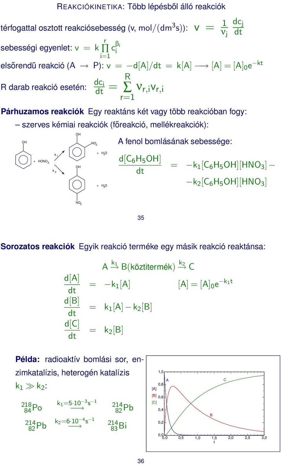 sebessége: + N 2 k 1 k 2 + 2 + 2 d[ 6 5 ] dt = k 1 [ 6 5 ][N 3 ] k 2 [ 6 5 ][N 3 ] N 2 35 Sorozatos reakcók Egyk reakcó terméke egy másk reakcó reaktánsa: d[a] dt d[b] dt d[] dt A k 1 B(közttermék) k
