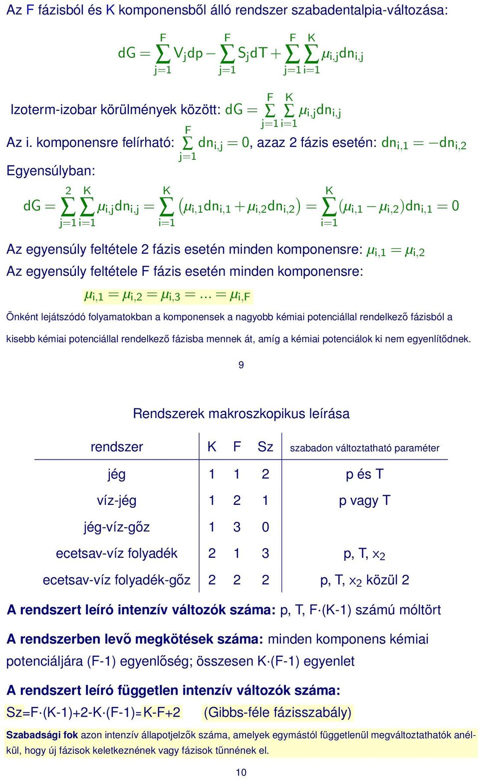 =1( =1 Az egyensúly feltétele 2 fázs esetén mnden komponensre: µ,1 = µ,2 Az egyensúly feltétele F fázs esetén mnden komponensre: µ,1 = µ,2 = µ,3 =.