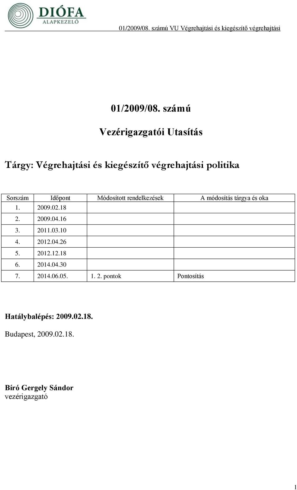 Módosított rendelkezések A módosítás tárgya és oka 1. 2009.02.18 2. 2009.04.16 3. 2011.03.10 4. 2012.04.26 5.