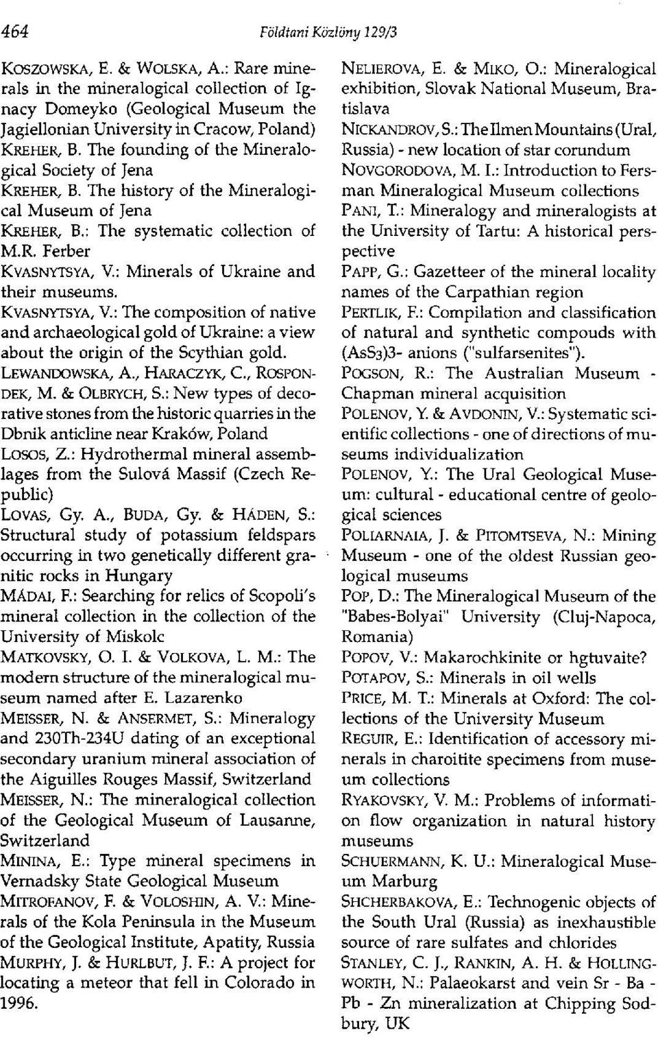 : Minerals of Ukraine and their museums. KVASNYTSYA, V.: The composition of native and archaeological gold of Ukraine: a view about the origin of the Scythian gold. LEWANDOWSKA, A.