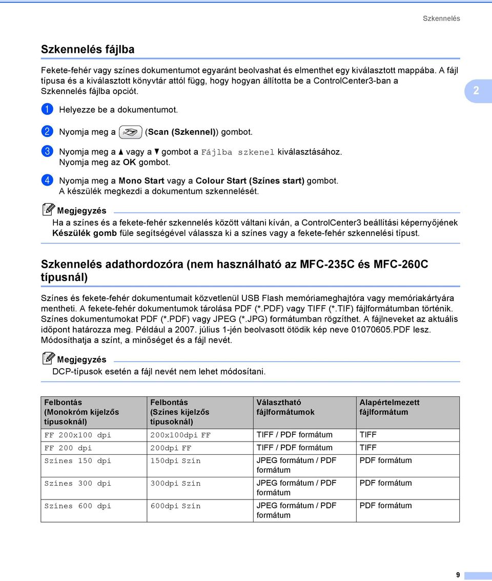 c Nyomja meg a a vagy a b gombot a Fájlba szkenel kiválasztásához. d Nyomja meg a Mono Start vagy a Colour Start (Színes start) gombot. A készülék megkezdi a dokumentum szkennelését.