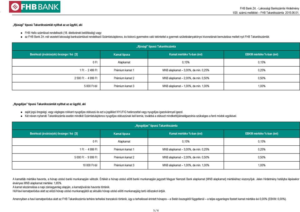 Ifjúsági típusú Takarékszámla Beérkező jóváírás(ok) összege / hó [3] Kamat típusa Kamat mértéke %-ban (évi) EBKM mértéke %-ban (évi) 0 Ft Alapkamat 0,15% 0,15% 1 Ft - 2 499 Ft Prémium kamat 1 MNB