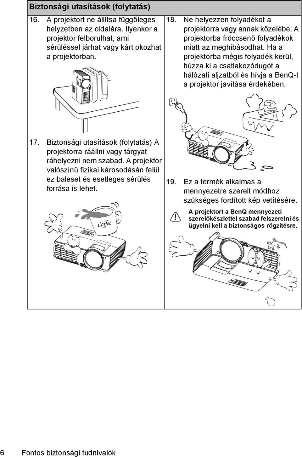 Ha a projektorba mégis folyadék kerül, húzza ki a csatlakozódugót a hálózati aljzatból és hívja a BenQ-t a projektor javítása érdekében. 17.