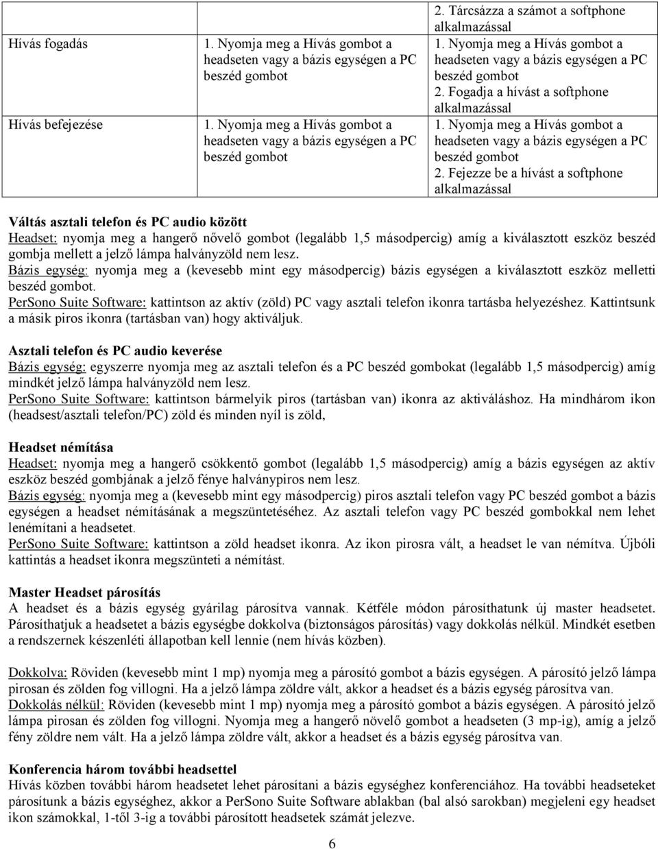 Fejezze be a hívást a softphone alkalmazással Váltás asztali telefon és PC audio között Headset: nyomja meg a hangerő nővelő gombot (legalább 1,5 másodpercig) amíg a kiválasztott eszköz beszéd gombja