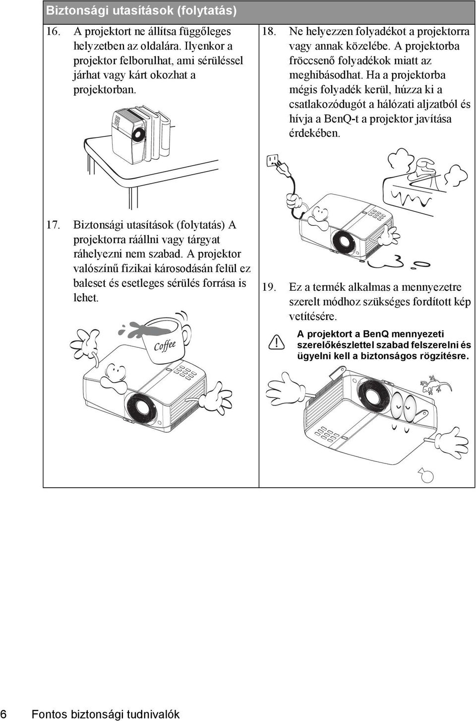 Ha a projektorba mégis folyadék kerül, húzza ki a csatlakozódugót a hálózati aljzatból és hívja a BenQ-t a projektor javítása érdekében. 17.