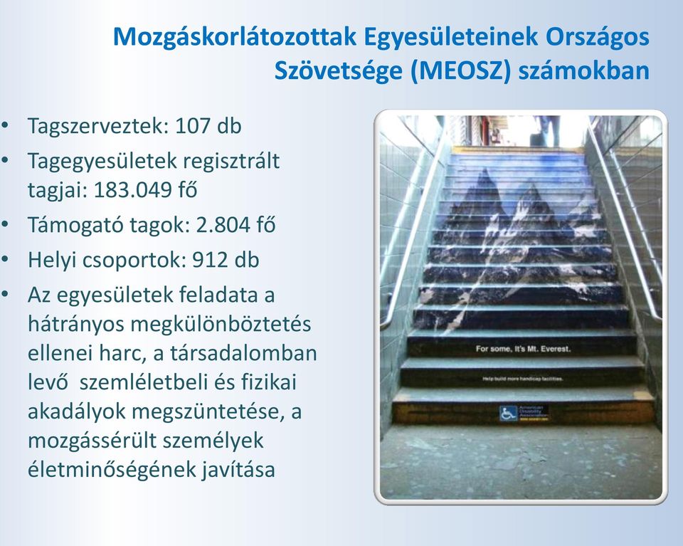 804 fő Helyi csoportok: 912 db Az egyesületek feladata a hátrányos megkülönböztetés ellenei