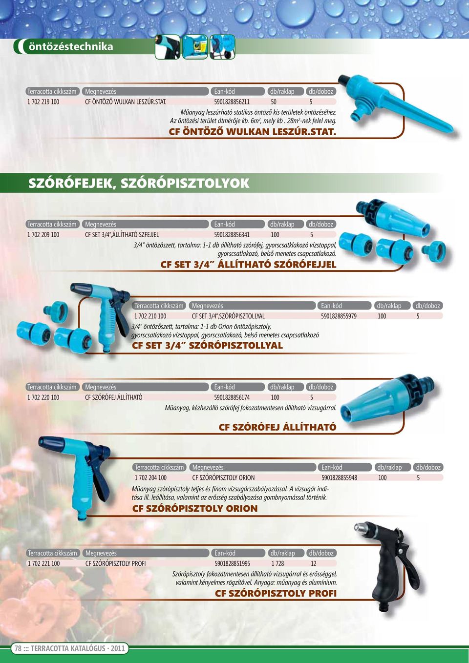 SZÓRÓFEJEK, SZÓRÓPISZTOLYOK 1 702 209 100 CF SET 3/4,ÁLLÍTHATÓ SZFEJJEL 5901828856341 100 5 3/4 öntözőszett, tartalma: 1-1 db állítható szórófej, gyorscsatklakozó vízstoppal, gyorscsatlakozó, belső