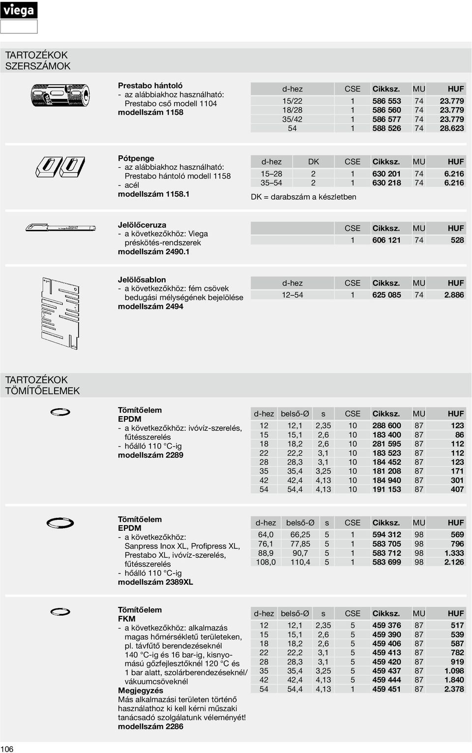 216 35 54 2 1 630 218 74 6.216 DK = darabszám a készletben Jelölőceruza a következőkhöz: Viega préskötés-rendszerek modellszám 2490.1 CSE Cikksz.