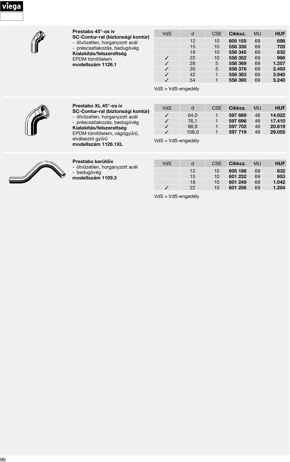 945 54 1 558 390 69 5.240 Prestabo XL 45 -os ív préscsatlakozás, bedugóvég EPDM tömítőelem, vágógyűrű, elválasztó gyűrű modellszám 1126.