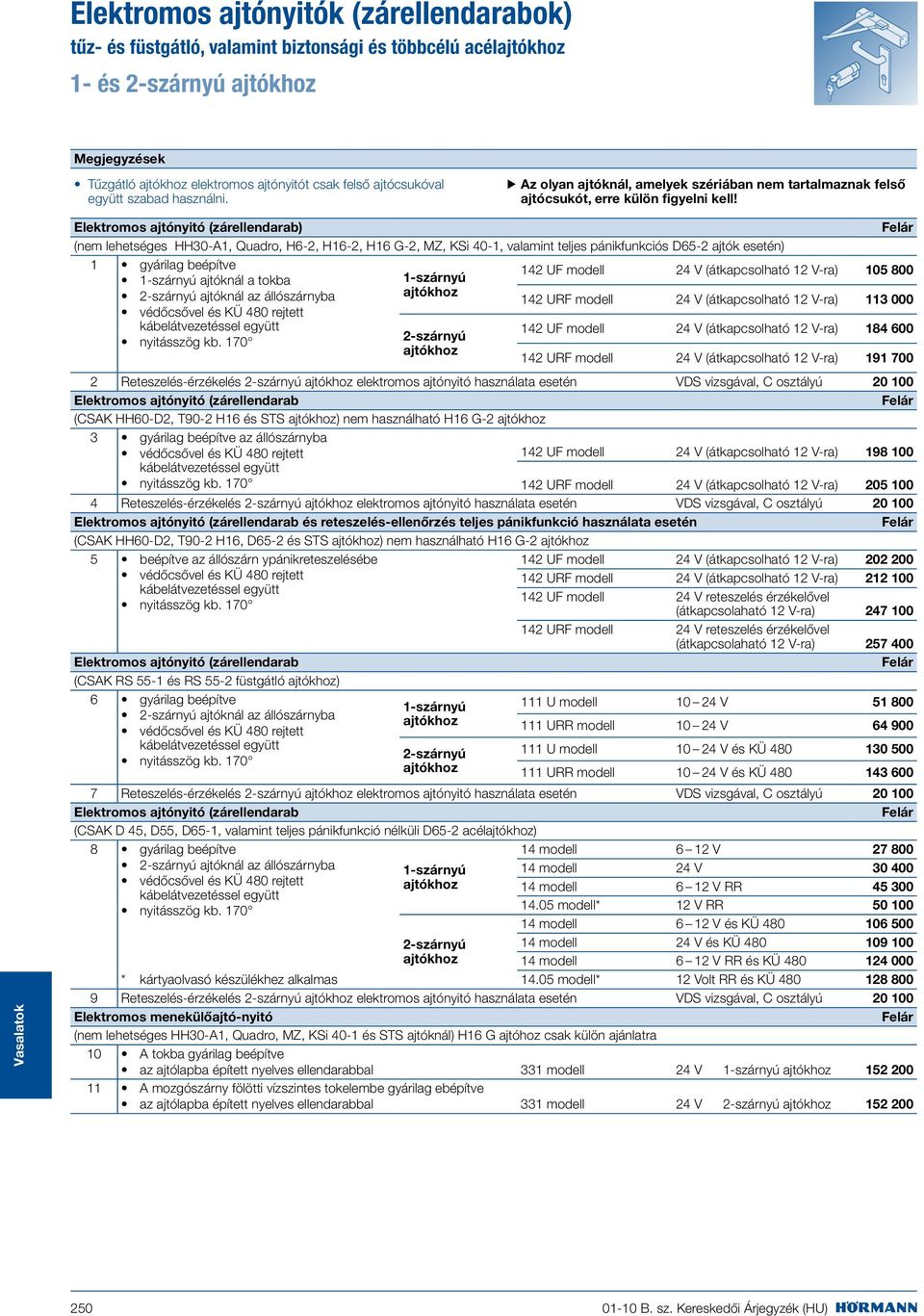 Elektromos ajtónyitó (zárellendarab) (nem lehetséges HH30-A, Quadro, H6-2, H6-2, H6 G-2, MZ, KSi 40-, valamint teljes pánikfunkciós D65-2 ajtók esetén) gyárilag beépítve 42 UF modell 24 V