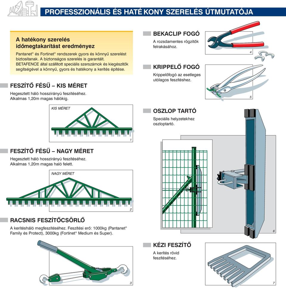 Alkalmas 1,20m magas hálókig. KIS MÉRET BEKACLIP FOGÓ A rozsdamentes rögzíto k felrakásához. KRIPPELO FOGÓ Krippelo fogó az esetleges utólagos feszítéshez.