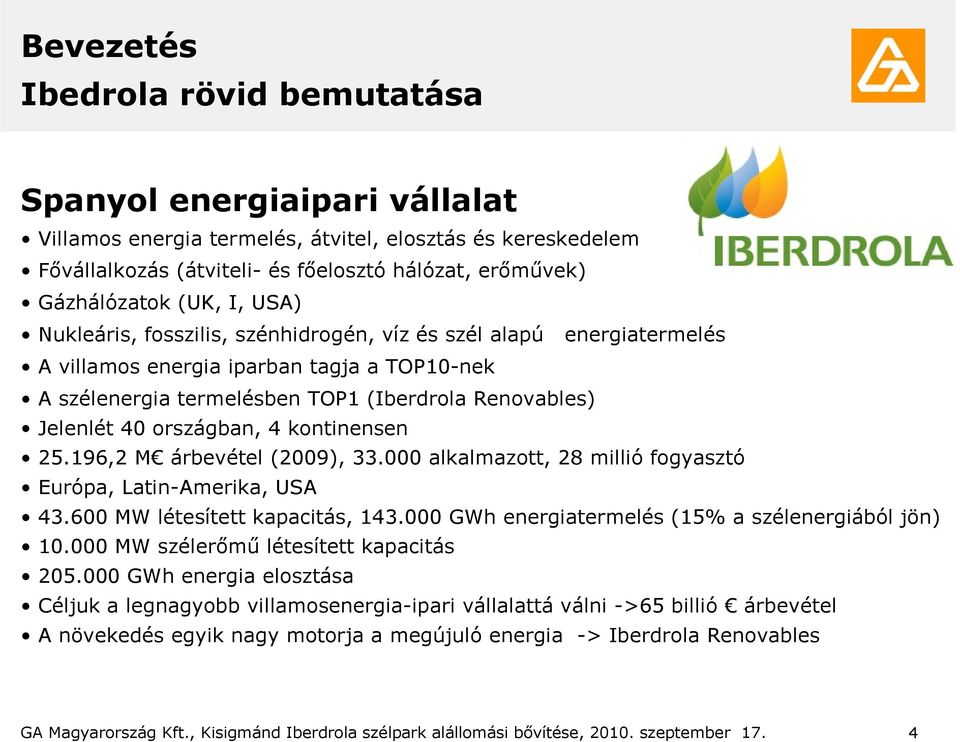 országban, 4 kontinensen 25.196,2 M árbevétel (2009), 33.000 alkalmazott, 28 millió fogyasztó Európa, LatinAmerika, USA 43.600 MW létesített kapacitás, 143.