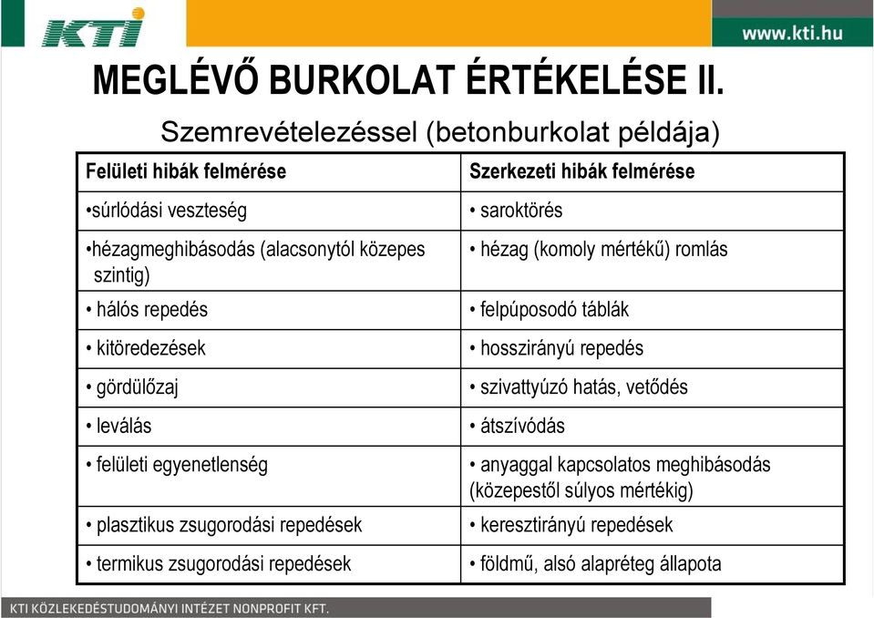 repedés kitöredezések gördülőzaj leválás felületi egyenetlenség plasztikus zsugorodási repedések termikus zsugorodási repedések Szerkezeti