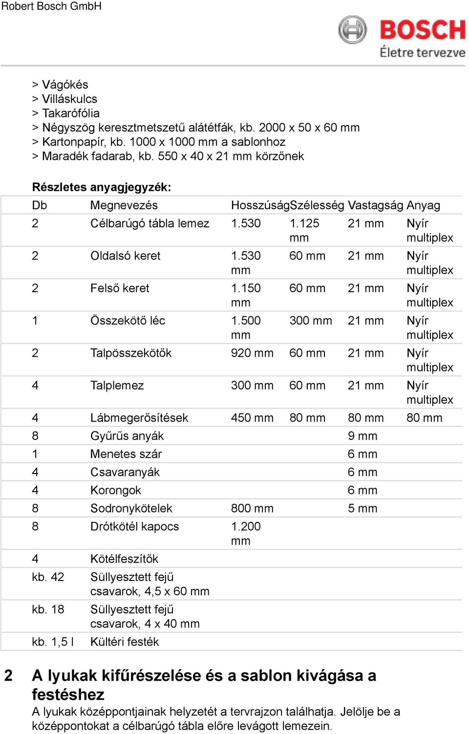 500 21 Nyír 60 21 Nyír 60 21 Nyír 300 21 Nyír 2 Talpösszekötők 920 60 21 Nyír 4 Talplemez 300 60 21 Nyír 4 Lábmegerősítések 450 80 80 80 8 Gyűrűs anyák 9 1 Menetes szár 6 4 Csavaranyák 6 4 Korongok 6