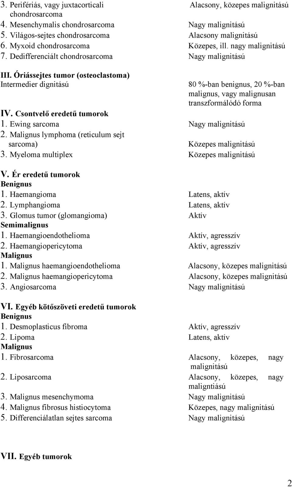 Óriássejtes tumor (osteoclastoma) Intermedier dignitású 80 %-ban benignus, 20 %-ban malignus, vagy malignusan transzformálódó forma IV. Csontvelő eredetű tumorok 1. Ewing sarcoma Nagy malignitású 2.