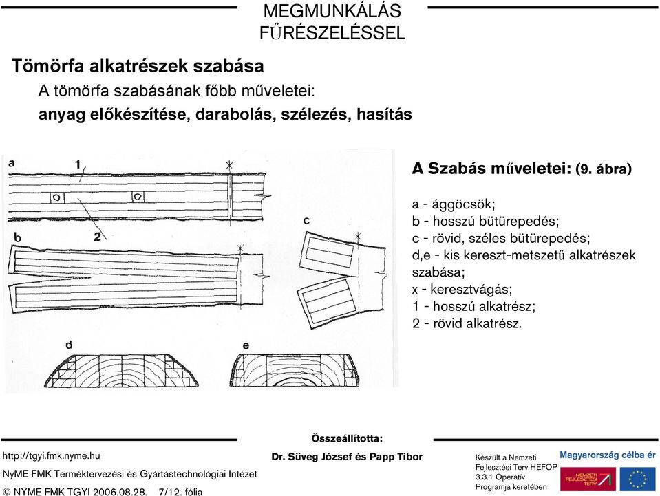 ábra) a - ággöcsök; b - hosszú bütürepedés; c - rövid, széles bütürepedés; d,e - kis kereszt-metszetű