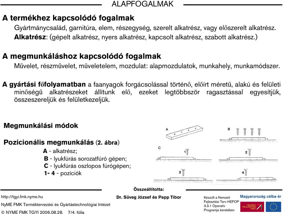 ) A megmunkáláshoz kapcsolódó fogalmak Művelet, részművelet, műveletelem, mozdulat: alapmozdulatok, munkahely, munkamódszer.