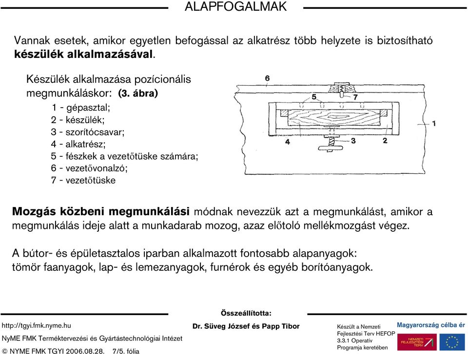 ábra) 1 - gépasztal; 2 - készülék; 3 - szorítócsavar; 4 - alkatrész; 5 - fészkek a vezetőtüske számára; 6 - vezetővonalzó; 7 - vezetőtüske Mozgás közbeni megmunkálási