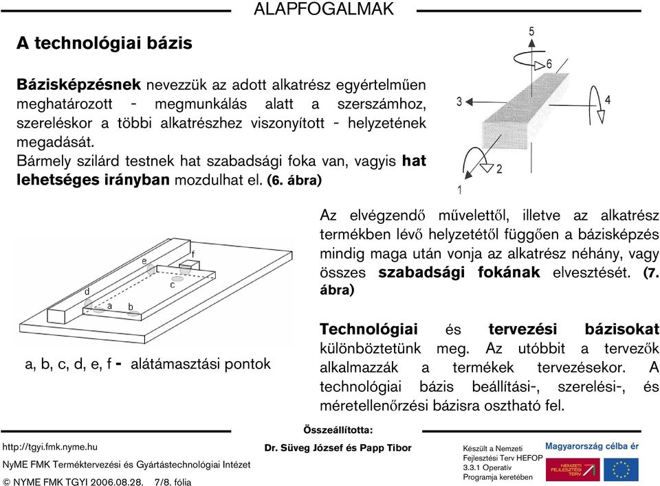 ábra) Az elvégzendő művelettől, illetve az alkatrész termékben lévő helyzetétől függően a bázisképzés mindig maga után vonja az alkatrész néhány, vagy összes szabadsági fokának elvesztését. (7.