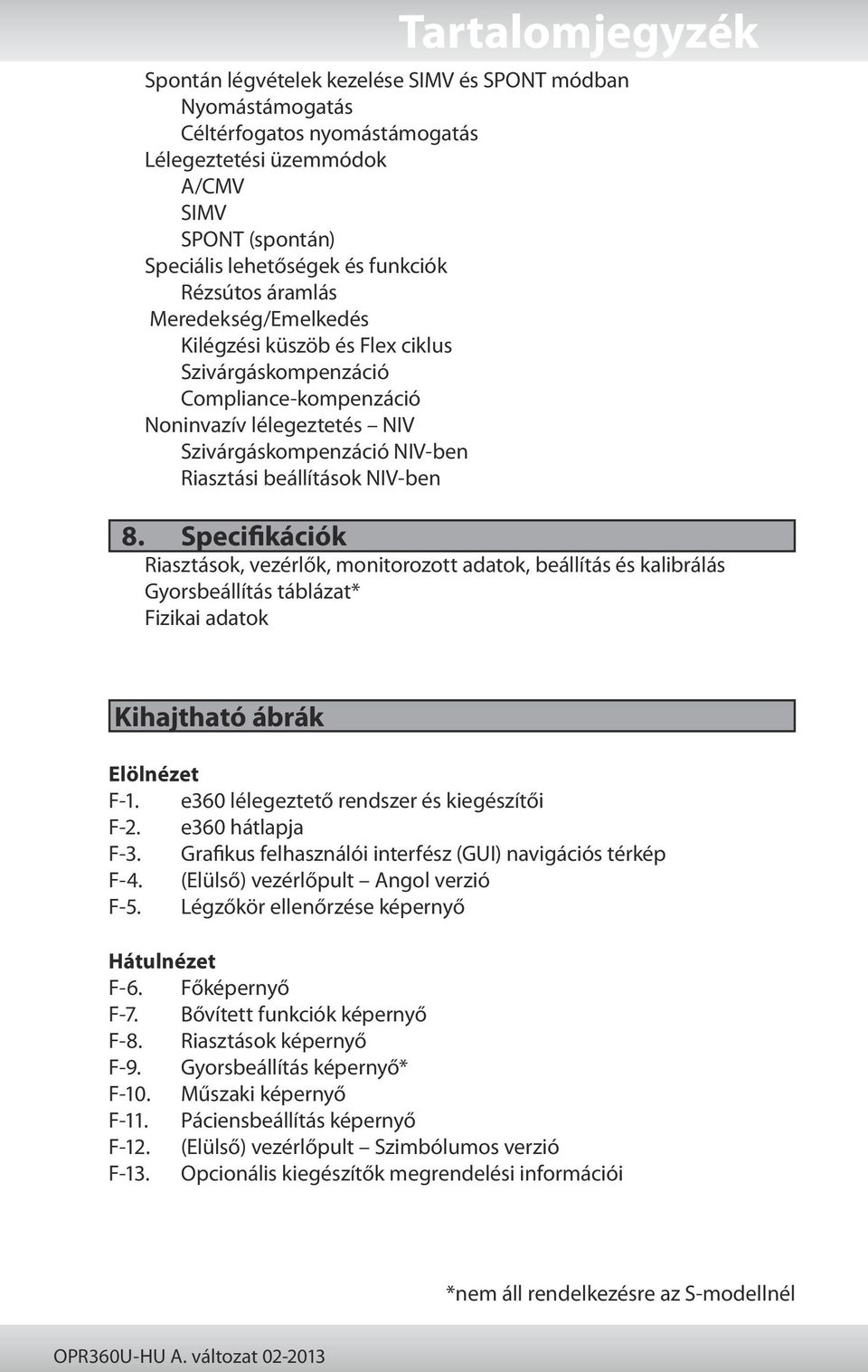 NIV-ben 8. Specifikációk Riasztások, vezérlők, monitorozott adatok, beállítás és kalibrálás Gyorsbeállítás táblázat* Fizikai adatok Kihajtható ábrák Elölnézet F-1.