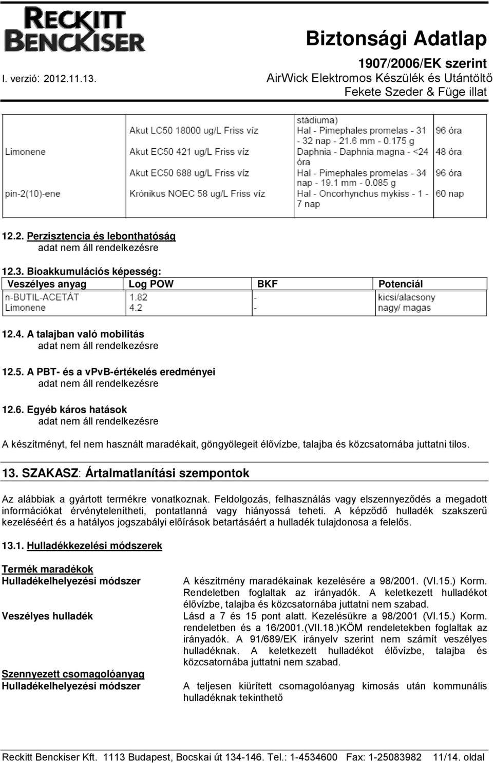 SZAKASZ: Ártalmatlanítási szempontok Az alábbiak a gyártott termékre vonatkoznak.