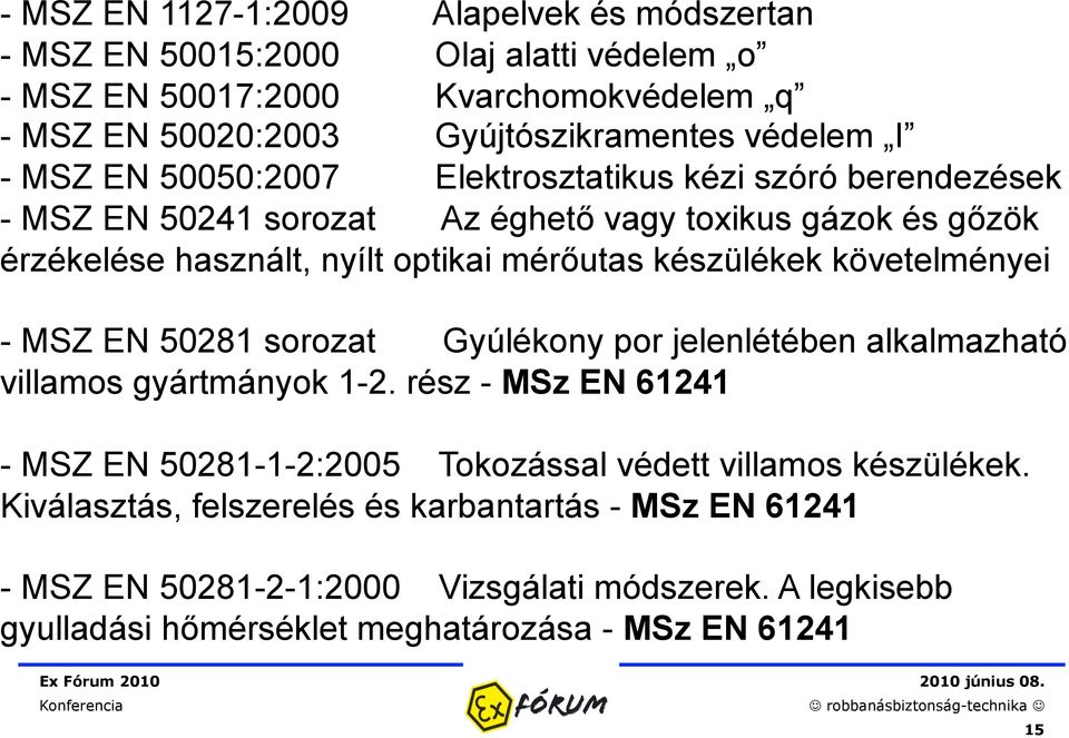 követelményei - MSZ EN 50281 sorozat Gyúlékony por jelenlétében alkalmazható villamos gyártmányok 1-2.