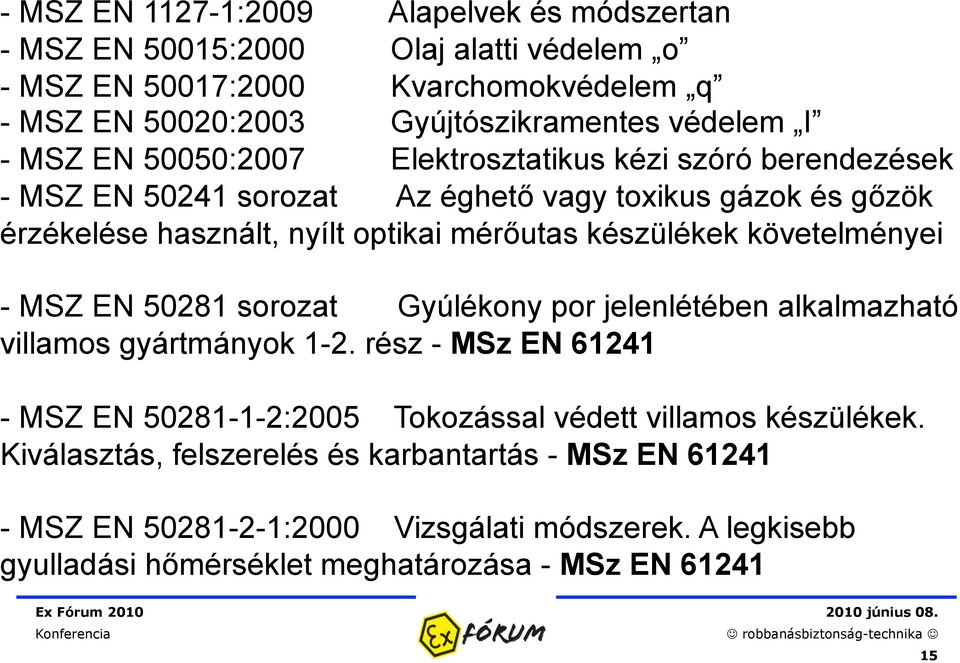 követelményei - MSZ EN 50281 sorozat Gyúlékony por jelenlétében alkalmazható villamos gyártmányok 1-2.