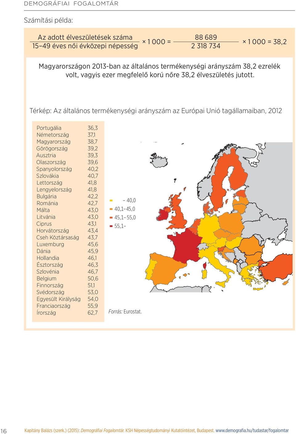 Térkép: Az általános termékenységi arányszám az Európai Unió tagállamaiban, 2012 Portugália 36,3 Németország 37,1 Magyarország 38,7 Görögország 39,2 Ausztria 39,3 Olaszország 39,6 Spanyolország 40,2